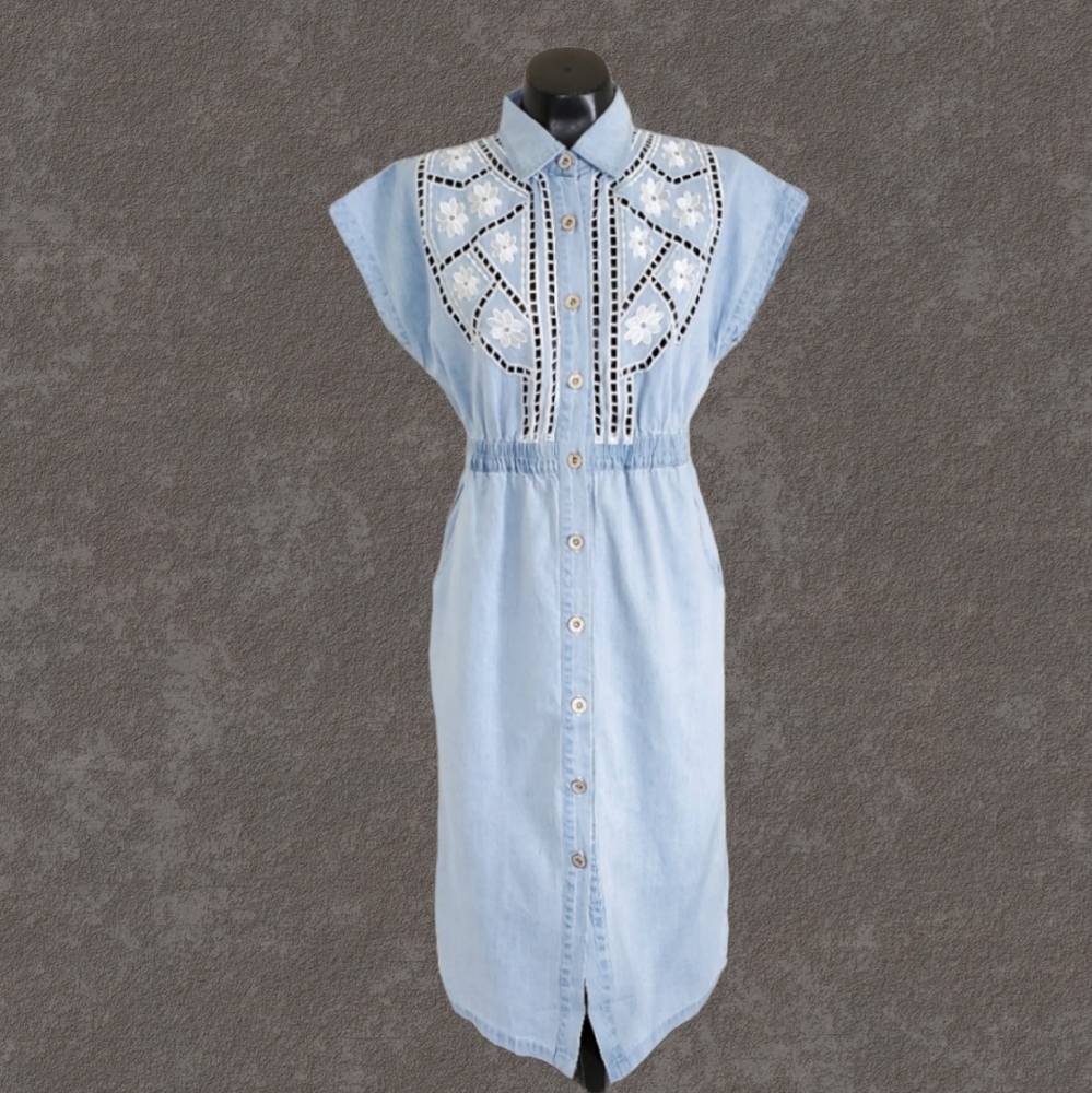 Pol Blue Chambray Denim Eyelet Lace Dress - Picture 5 of 8